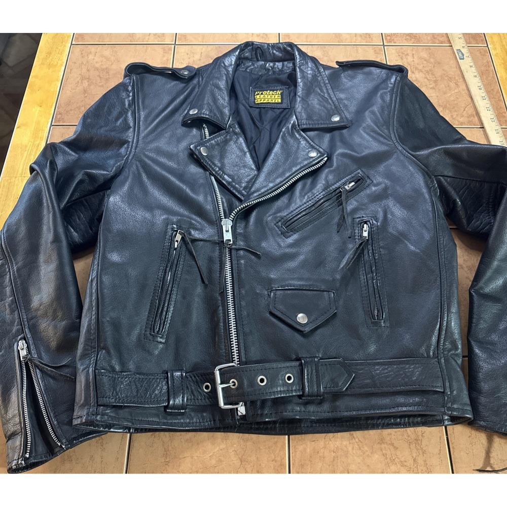 Vintage Protech Leather Motorcycle Moto Jacket Black Mens Sz MEDIUM 42